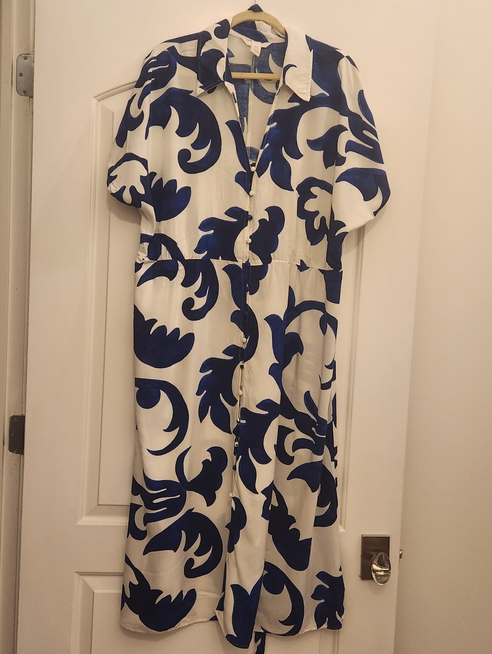 Mango White and Navy Blue Floral Button-Front Midi Dress